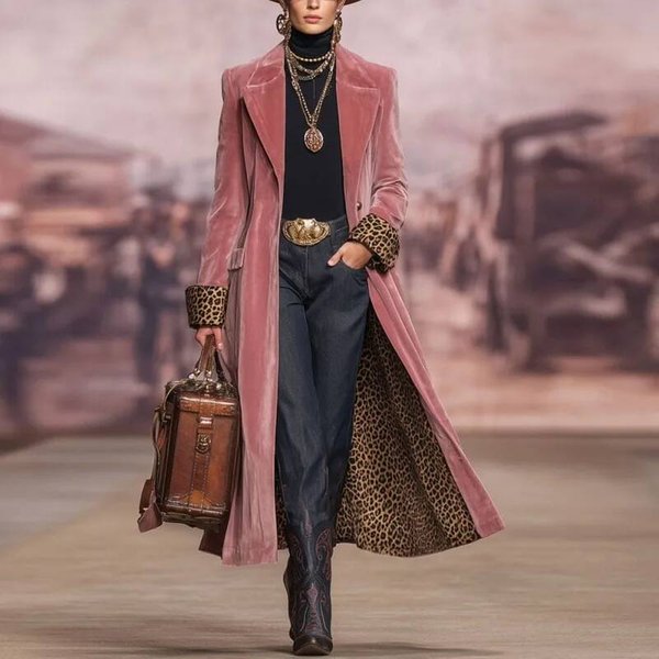 Manteau long vintage en velours rose pour femme, style western, avec doublure léopard et revers, idéal pour l'hiver, Ne2026