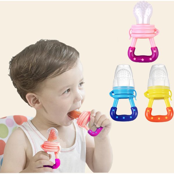Babynahrungs-Futterspender, Obst-Futterspender, Schnuller, Säuglings-Beißspielzeug, Beißring für frische gefrorene Früchte – Silikon-Nippel, inklusive allen Größen