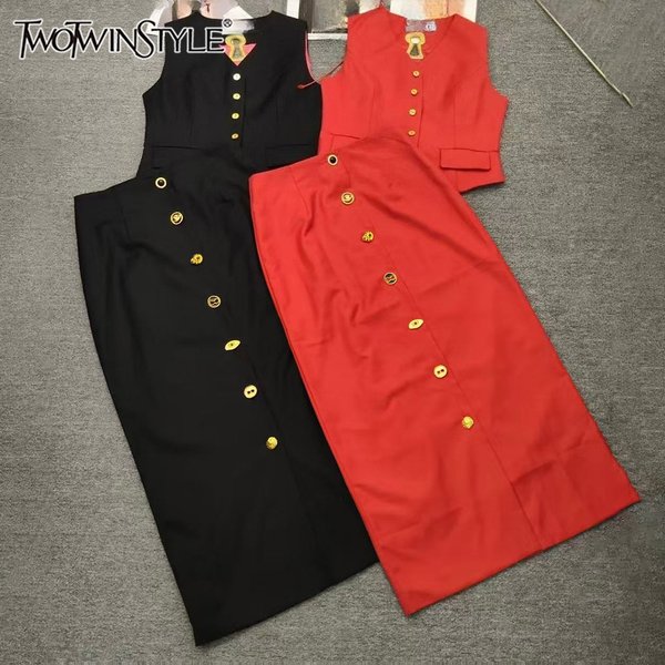 TWOTWINSTYLE Solid Slimming Two Piece Sets For Women V Neck Sleeveless Top High Waist Skirt Elegant Set Female Style KSE555121