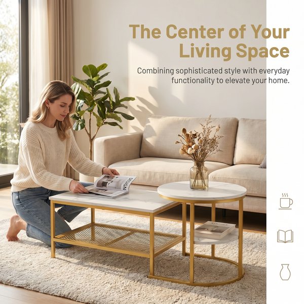 Ensemble de 2 tables d’appoint empilables, tables basses, tables d’appoint rondes et rectangulaires avec espace de rangement, aspect marbre, structure en métal.