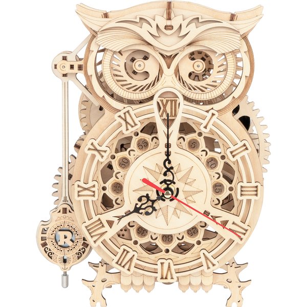 Robotime Rokr 161-teiliges Kreatives DIY 3D Eulen-Uhr Holzmodell Bausatz Montage-Spielzeug Geschenk für Kinder und Erwachsene LK503