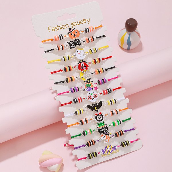 12 teile/satz niedlichen Cartoon Halloween Thema Armband Kürbis Fledermaus Katze Süßigkeiten Charme Armbänder für Tochter Mädchen Freundschaft Party Geschenk