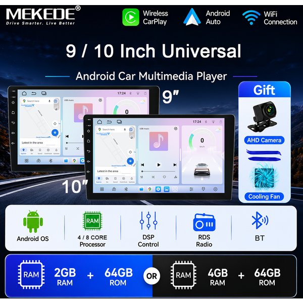 Mekede 9/10 Zoll Universal Android Autoradio 64G Autoradio Android 2 Din Autoradio GPS BT RDS FM Zentrales Multimedia Smart Car System