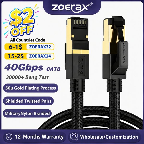 ZoeRax Cat8 câble Ethernet 0.3-30M 40Gbps 2000MHz RJ45 CAT8 réseau Nylon tressé Internet Lan cordon pour ordinateur portable PS 5/4 routeur