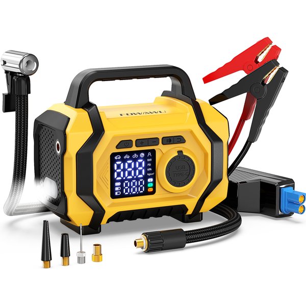 FOWAWU 6000A 26800mAh Starthilfe mit Luftkompressor, Autobatterie-Powerbank (All Gas/10,0L Diesel), Reifenfüller mit automatischer Abschaltung