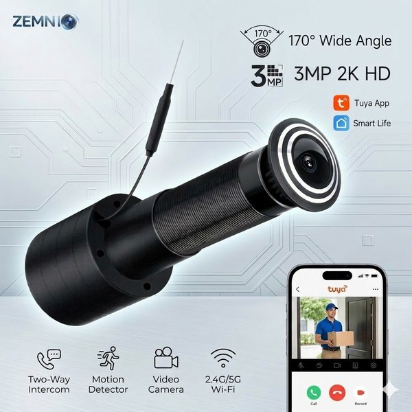Tuya/SmartLife Video-Türspion, 3MP 2K 170 ° WiFi-Spionkamera, Zwei-Wege-Gegensprechanlage & Aufnahme, inklusive EU/US/UK/AU-Stecker