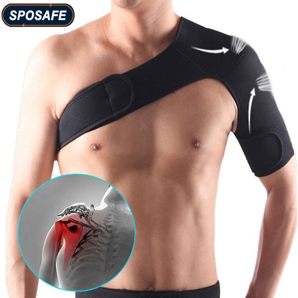 SPOSAFE Adjustable Gym Sports Care Single Shoulder Support Back Brace Guard Strap Wrap Belt Band Pads Black Bandage Men & Women