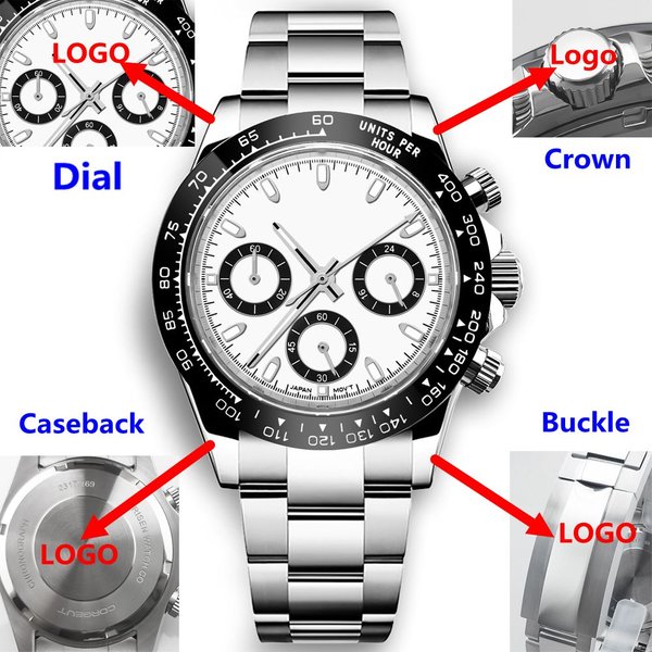 Montre homme de luxe 40 mm avec logo personnalisé, mouvement quartz VK63, multifonction 24 heures, chronographe complet, chronomètre, secondes.