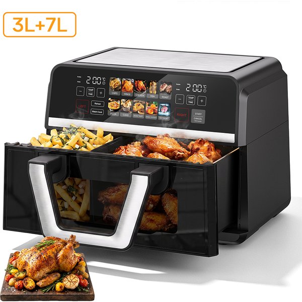 10L Dual-Korb-Heißluftfritteuse, XXL Große Fettfreie Fritteuse mit herausnehmbarem Trennsteg, Digitale Steuerung, Sichtfenster, Vielseitige Heißluftfritteuse zum Braten, Backen und Aufwärmen gesunder