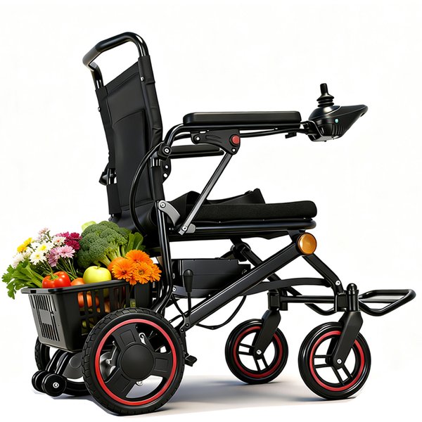 Fauteuil roulant électrique léger avec une autonomie de 35 km, 19 kg, avec batterie au lithium 15 Ah, inclut un panier de courses