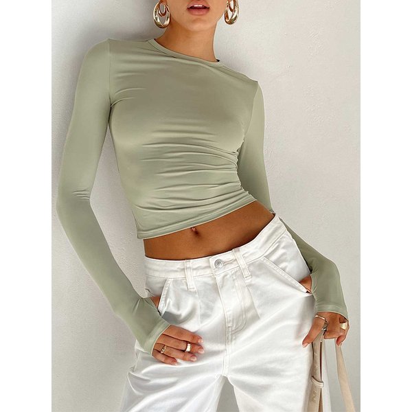 Modisches Damen-T-Shirt mit langen Ärmeln, Rundhalsausschnitt, solides Slim-Fit-Damen-Crop-Top mit Daumenlöchern für den täglichen Streetwear-Sommer-Camis