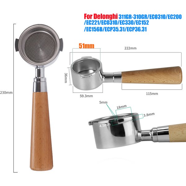 Delonghi-Porte-filtre à café sans fond, 2 oreilles, acier inoxydable 304, panier de filtre standardisé, accessoires de café, 51mm, 1, 2, 4