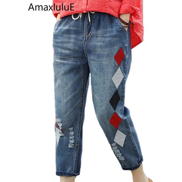 Amax luluE été femmes luxe broderie jean femmes mode Vintage déchiré Denim pantalon trous amples élastique sarouel