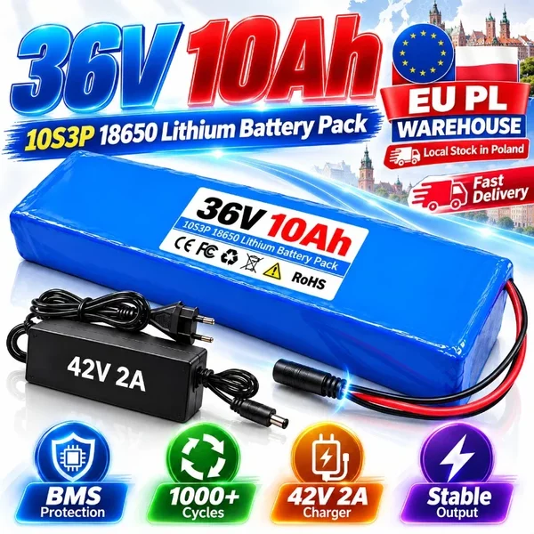 36V 10Ah 10S3P 18650 Lithium-Batterie für Elektrofahrrad, E-Scooter, E-Bike, Intelligentes BMS, Leistung bis zu 1000W, 42V 2A Ladegerät, Hohe Kapazität, Stabiler Ausgang, 1000+ Zyklen, Europa-Lager,