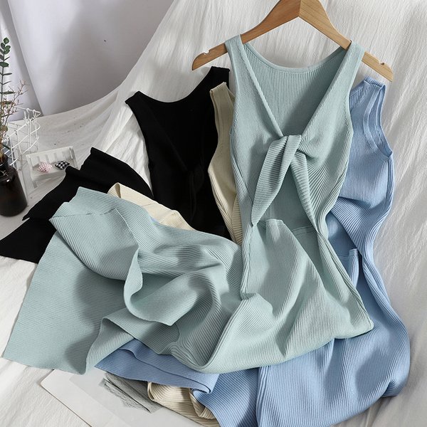 YuooMuoo Chic Fashion Sexy Package Hips Split Knitted Summer Dress Women V-neck Knot Bodycon Long Dress Lady Party Vestidos