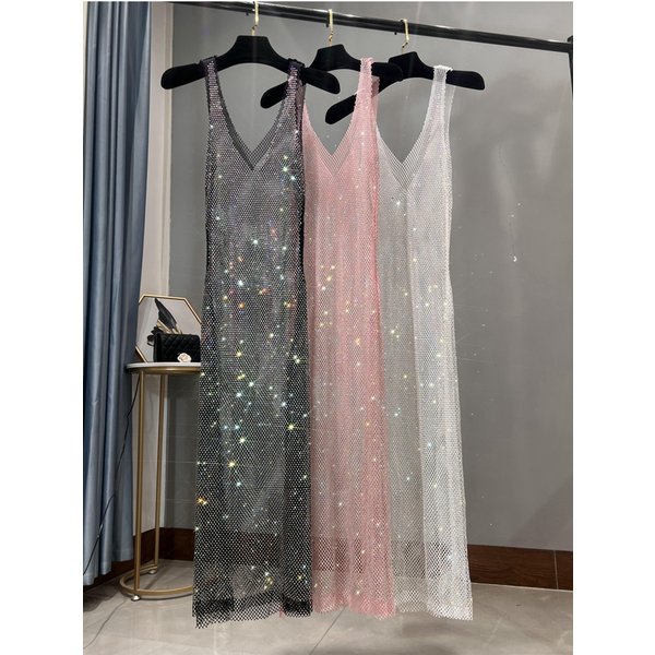 Robe de soirée à strass, décolleté en v profond, Sexy, longue maille fine et scintillante, vêtements de Club pour femmes, nouvelle collection été 2023
