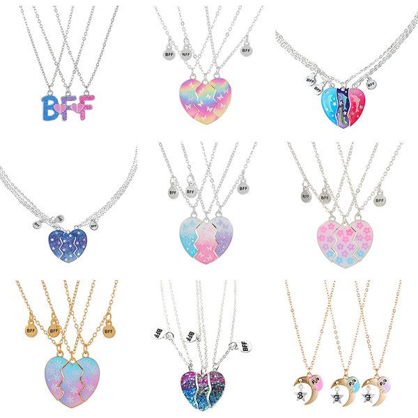 Qpeach 3Pack Heart Flower Butterfly Star Glitter Pendant Best Friend BFF Necklace of 3 for Girls Friendship Jewelry Gifts
