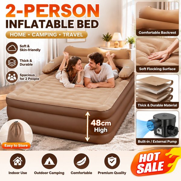Aufblasbare Matratze für 2 Personen, Camping, faltbar, für den Außen- und Innenbereich, Luftkissen, 48 cm, hohes Bett, zum bequemen Liegen, weich, hautfreundlich, mit integrierter/externer Pumpe.