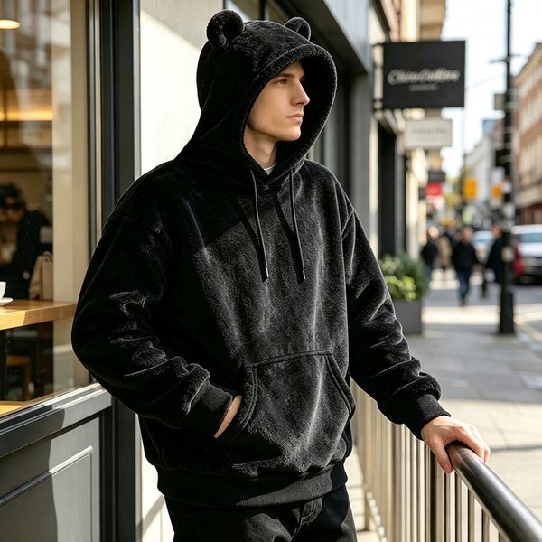 Herren Flauschiger Fleece-Hoodie mit Bärenohren, Kordelzug, Kängurutasche, Locker Geschnitten, Herbst-Winter, Alltagstauglich, Warm, Langarm-Pullover