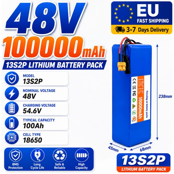 Schneller Versand aus Polen-Lager 13S2P 48V 100Ah E-Bike Lithium-Ionen-Akku mit eingebautem BMS für 250-1000W Elektroroller, Gratis 54,6V Ladegerät