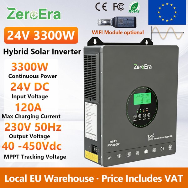 ZeroEra 3000W Solar-Hybrid-Wechselrichter 24V DC zu AC 230V 50Hz Reiner Sinus-Wechselrichter mit 100A MPPT-Controller, funktioniert ohne Batterie, netzunabhängig/netzgekoppelt, WIFI-App-Überwachung