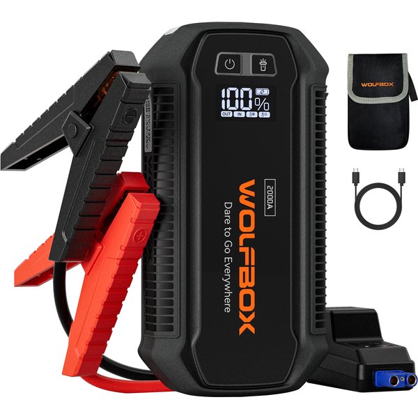 WOLFBOX JS12 2000A Starthilfegerät 12000mAh 44,4Wh Batterie-Starthilfegerät Tragbar mit LED-Display, 12V Auto-Batterie-Starthilfegerät (7L Benzin 6L Dieselmotor) mit Booster-LED-Licht