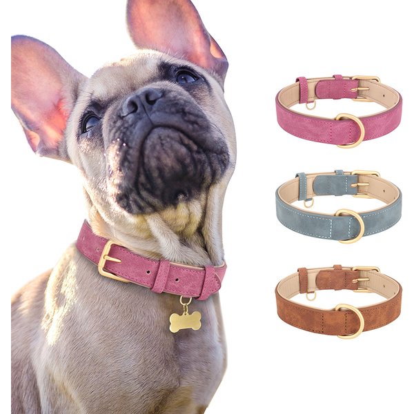 Adjustable Dog Collar Sude Leather Pet Collars Soft Leather Padded Dogs Necklace Collar for Small Medium Large Dogs Pitbull Pink