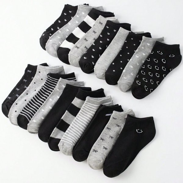 20 paires de chaussettes courtes assorties pour femmes/hommes, série noire et grise avec nœud, cœur, rayures