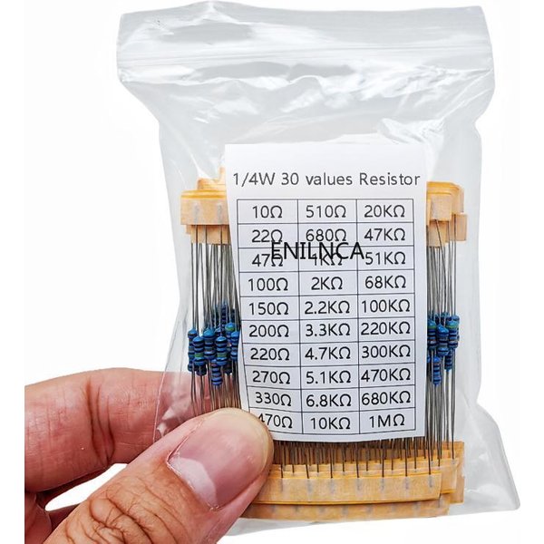 600pcs/set 30 Kinds 1/4W Resistance 1% Metal Film Resistor Pack Assorted Kit 1K 10K 100K 220ohm 1M Resistors 300pcs/set