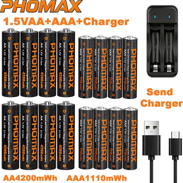 PHOMAX – akumulator AA/AAA z ładowarką. Baterie litowe 1,5 V, AA 4200 mWh, AAA 1110 mAh, do zasilania pilotów, zegarów, czujników i zabawek.