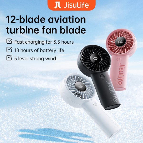 JISULIFE Handventilator, 5 Stufen starker Wind, Sicherheitsverriegelung, 5000 mAh Akku, LED-Anzeige, USB wiederaufladbar, persönlicher Sommerventilator