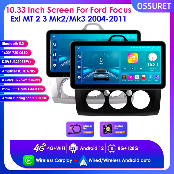 10.33 "kabelloses Carplay für Ford Focus MK2 2013-2017 Android Auto Auto Multimedia Player GPS Navigation BT RDS DSP 4G 2 Din Radio