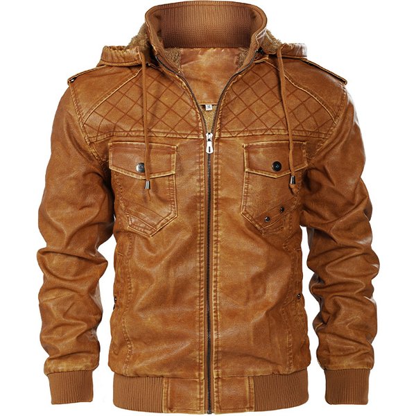 Men's Hooded PU Leather Coat, Thick, Warm, Windproof, Motorcycle, Business, Punk, Sports, High Quality, Autumn, Winter