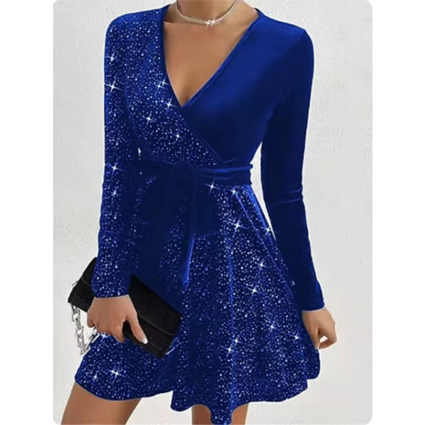Robe de soirée élégante pour femmes, col en v, manches longues, paillettes, couleur unie, mode de rue, robes de soirée élégantes