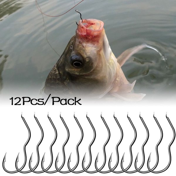 Hameçon de pêche en acier à haute teneur en carbone, Durable, antidérapant, pointu, barbelé, rabat automatique, matériel de pêche à la carpe, 12 pièces/paquet