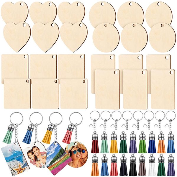 Porte-clés en bois inachevé, vierge, sublimation, avec pompon en cuir, pour la décoration, fabrication d'étiquettes artisanales, DIY, 96 pièces