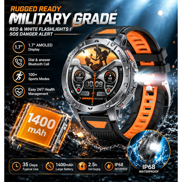 Neue 1400mAh Smartwatch mit großem Akku für Herren, Outdoor Taschenlampe, IP68 wasserdicht, Bluetooth-Anrufe, AMOLED-Display, Militär-Sport-Smartwatch