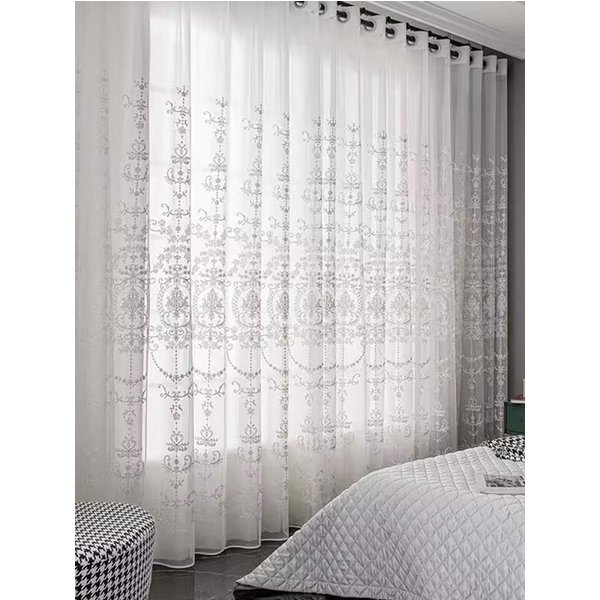 Sheer Curtains White Embroidered Floral Voile Drapes for Living room, Bedroom