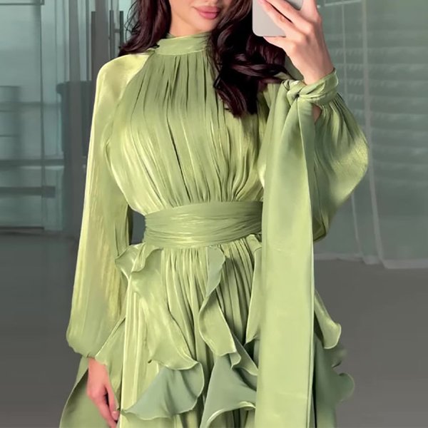 Fashion High Waist Pleat Party Dress Lady Casual High Collar Layered Banquet Dress Elegant Long Sleeve Solid Color Evening Dress