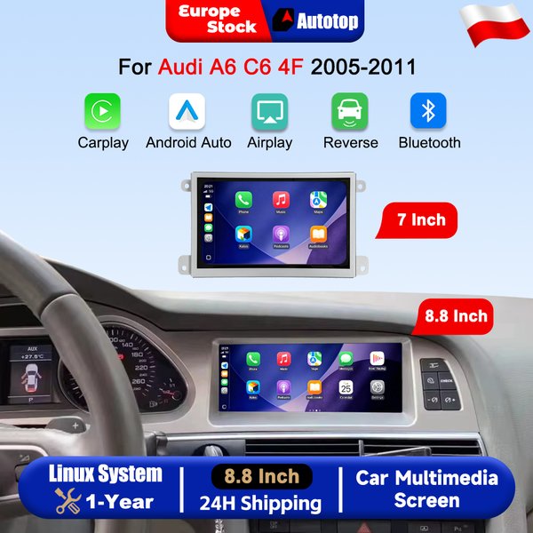 AUTOTOP – 7-calowy i 8,8-calowy ekran dotykowy z bezprzewodowym CarPlay i Android Auto, system multimedialny do samochodu, przeznaczony dla Audi A6 C6 4F (2005–2011), z obsługą MMI 2G, MMI3G,