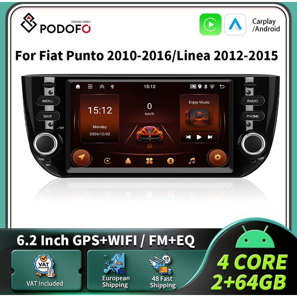Autoradio Android Carplay Podofo 6,2 pouces pour Fiat Punto 10-16/Linea 12-15, système intelligent de voiture 2din, GPS, navigation stéréo, RDS