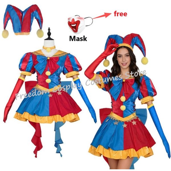 NEW Adult Women's Clown Cosplay Costume Jester costume Blue Red Lolita Dress and Hat with Gloves Christmas Halloween Party suit