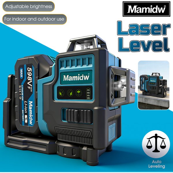 Mamidw 12-Linien 3D-Lasernivelliergerät Hochpräzise Grüne Linien-Nivellierung Tragbarer Grüner Strahl Horizontaler Vertikaler Laser, Für Makita 18V Akku PIN