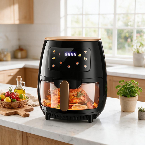 XXL 6L Heißluftfritteuse Ofen Fritteuse Grill mit Sichtfenster aus Glas Touch-Tasten 1400W 60-200 ° C 6 Voreingestellte Programme Edelstahl