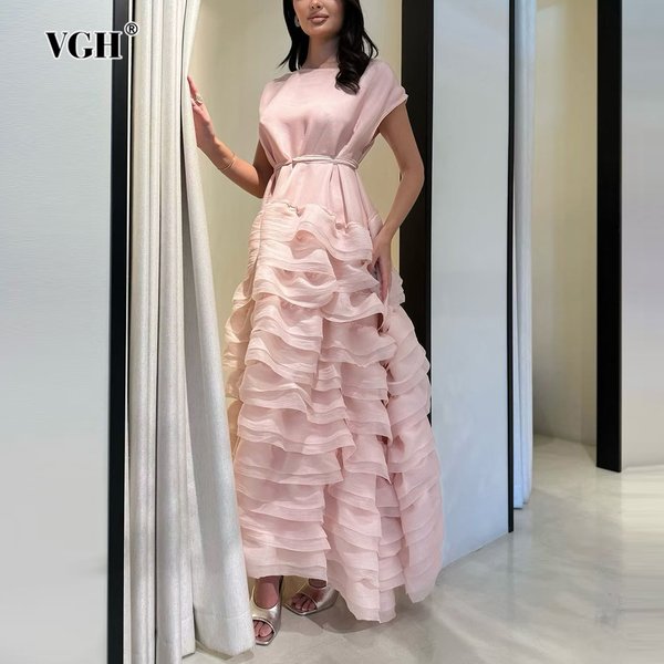 VGH Elegant Spliced Tiered Ruffles Dress for Women O Neck Sleeveless Patchwork Lace Up Slim Formal Evening Puff Dresses Female