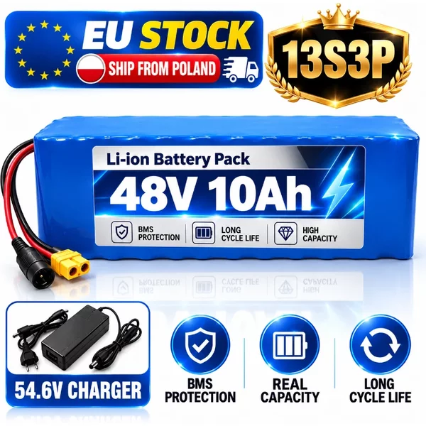 48V 10Ah E-Bike-Akku 13S3P 18650 Li-Ionen-Akkupack XT60 DC mit BMS-Schutz 54,6V Ladegerät, Elektroroller DIY-Akku EU-Lager Versand aus Polen