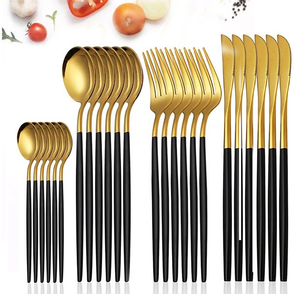 24 pièces ensemble de vaisselle en acier inoxydable noir or couverts cuillère fourchette couteau Western Cutleri argenterie couverts fournitures de table