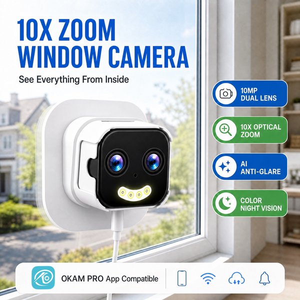 Caméra de fenêtre OKAM PRO à double objectif, zoom 10X, caméra WIFI 5G HD 10MP, double support, vision nocturne, interphone bidirectionnel, détection mobile
