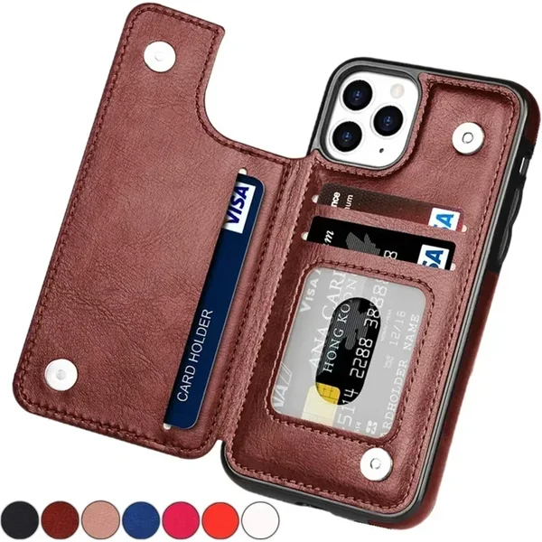 Étui portefeuille en cuir à Double bouton avec fente pour carte, étui à rabat pour iPhone 16e 16 Pro Max 15 Plus 14 13 12 Mini 11 SE3 SE2 X XR 8 7