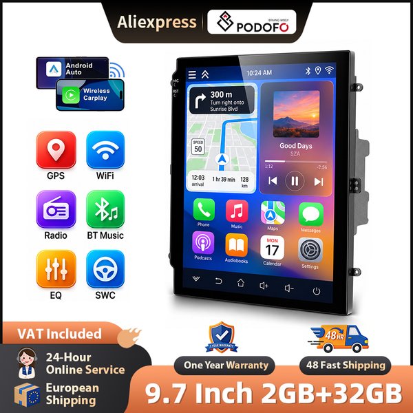 Podofo 9,7-Zoll kabelloses Carplay Android Auto Radio, intelligentes Fahrzeugsystem, GPS-Navigation, BT, FM/RDS, 2-DIN-Autoradio, Plug&Play-Headunit, Auto-Multimedia-Stereoanlage, WLAN,